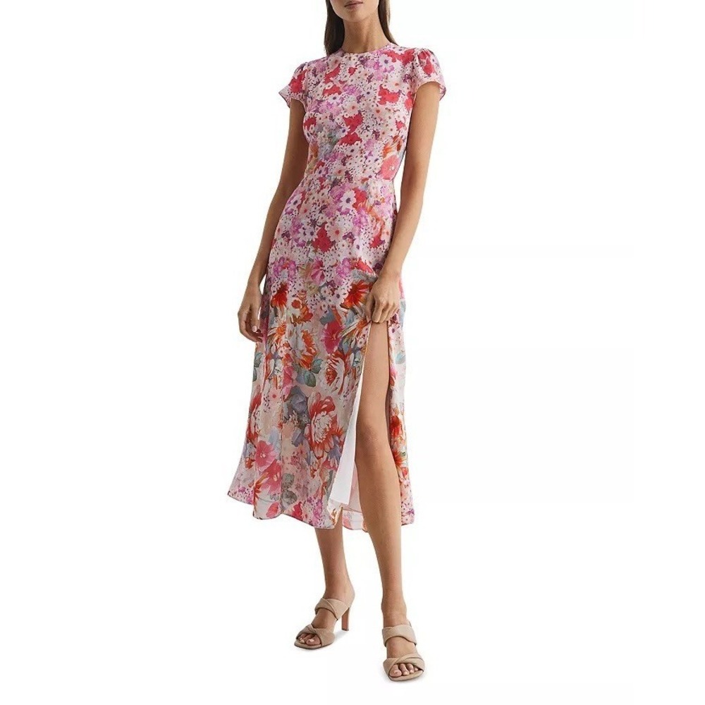 Reiss NWT Floral Ombre Midi Dress US 8 Pink Multicolor Slit Wedding Guest $290 - Picture 3 of 14